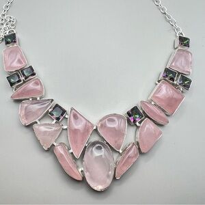 New Rose Quartz Crystal Stone w Mystic Topaz Cluster Statement Silver Necklace